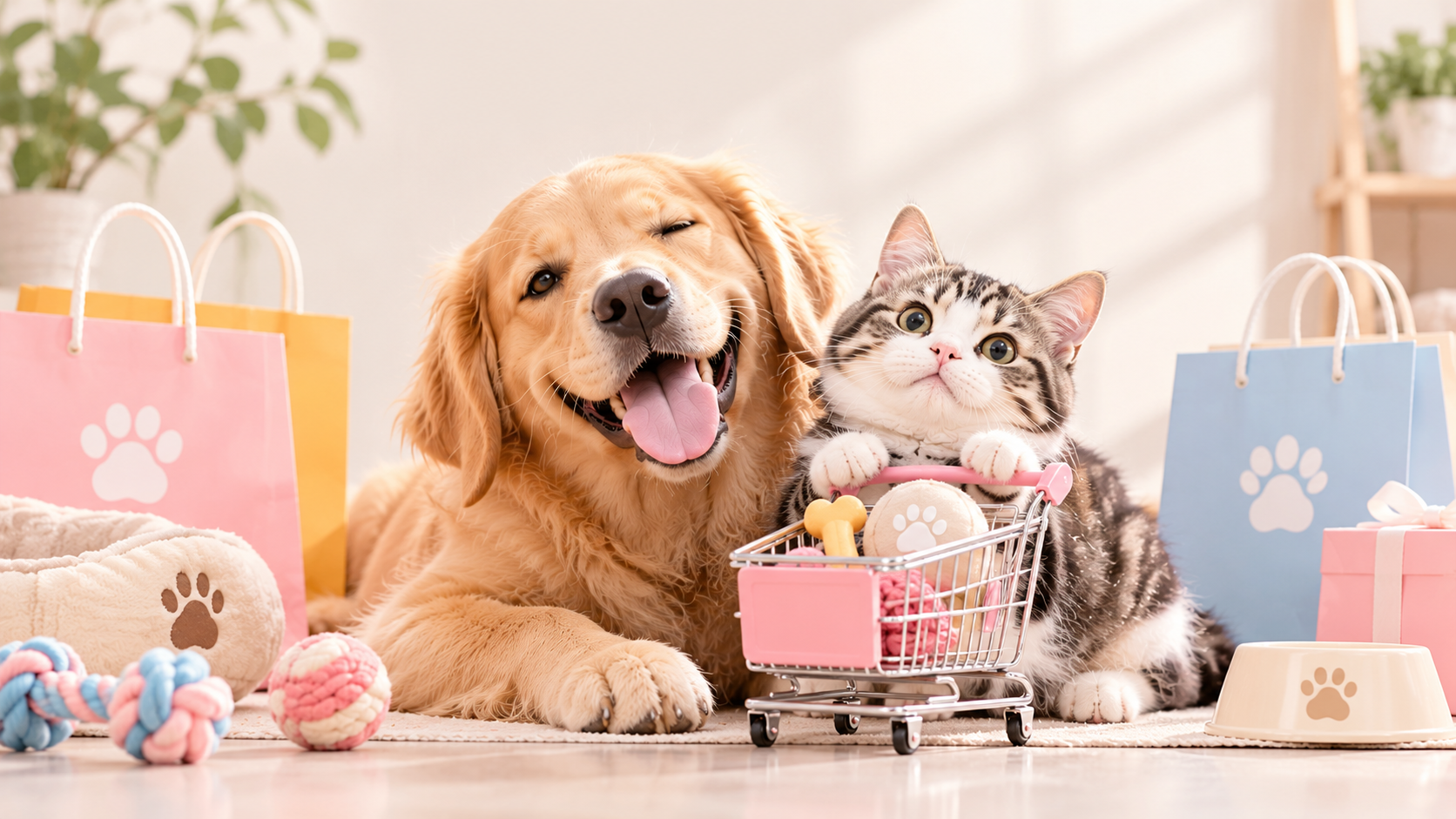 建議圖片：飼主在雙11購物節期間比較多款寵物保健品包裝，桌上擺著筆電與保健粉罐